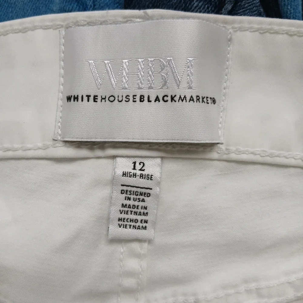 WHBM High Rise Slim Crop Pants Off White‎ Tan Pocket Trim Size 14